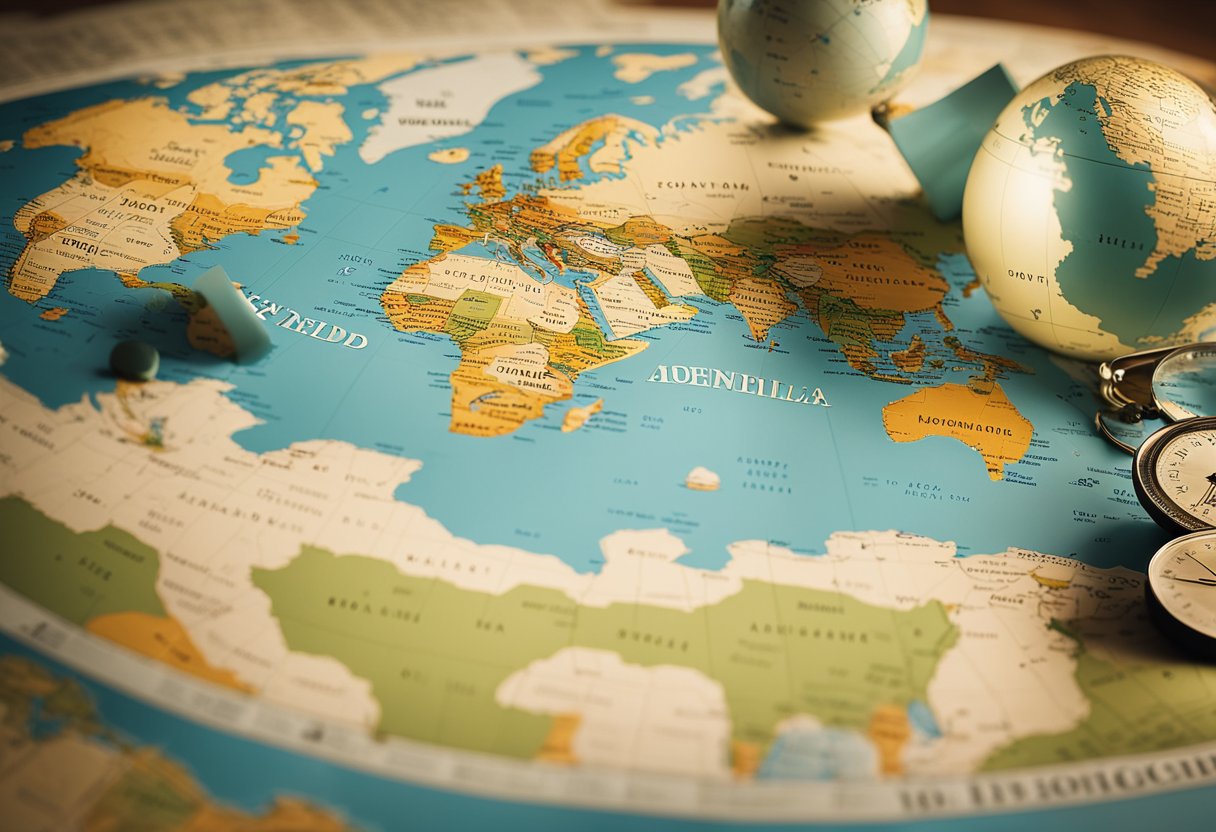 A world map with various destinations marked, surrounded by travel guides and a globe