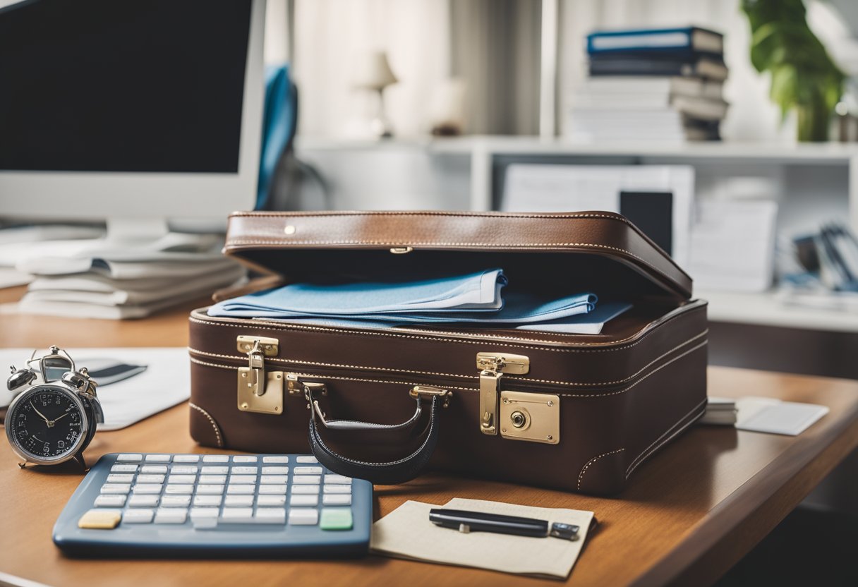 A desk with a world map, travel guides, budget spreadsheets, and a calculator. A suitcase half-packed with clothes and travel essentials