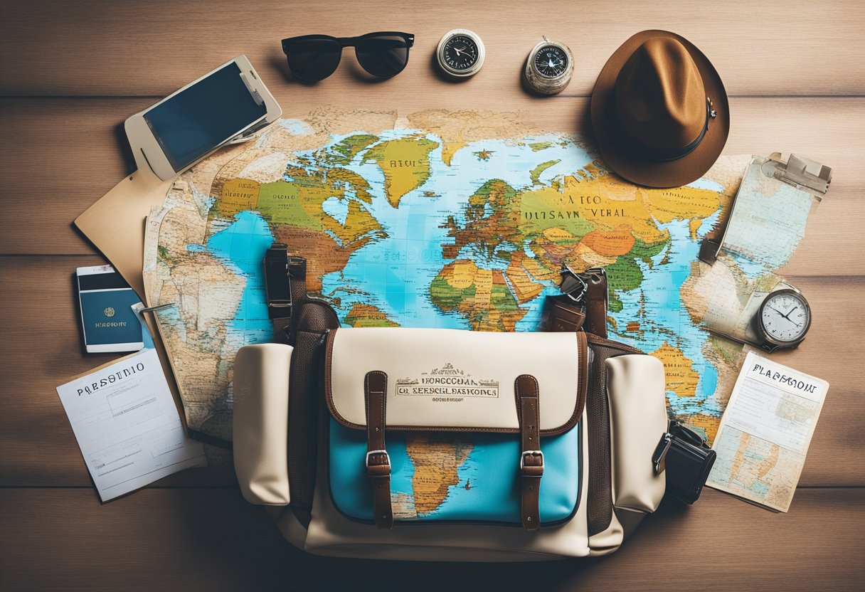 A world map with marked destinations, a passport, and a backpack filled with travel essentials