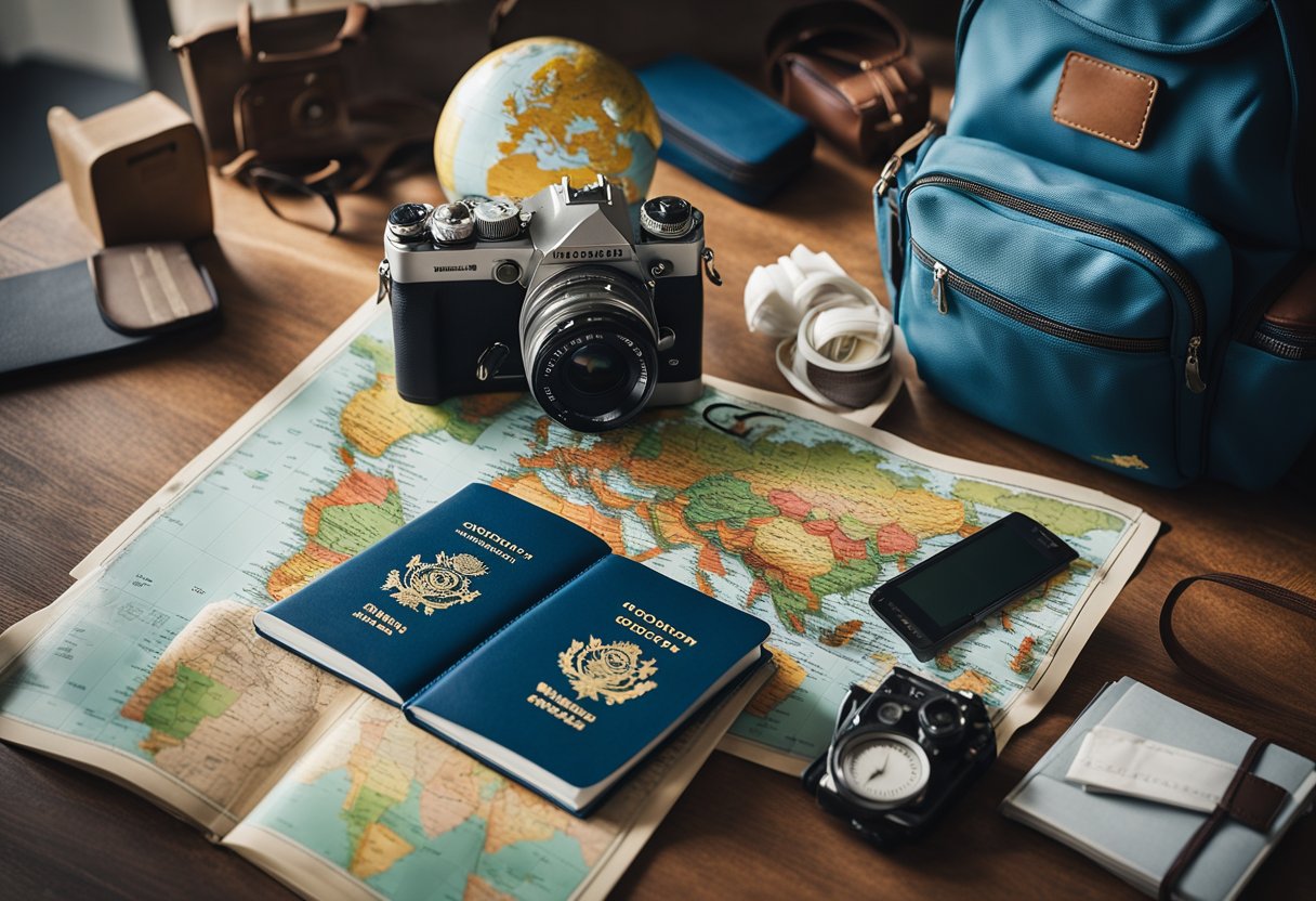 A world map surrounded by travel essentials like a backpack, camera, passport, and guidebooks. A globe sits nearby, and a checklist is being ticked off