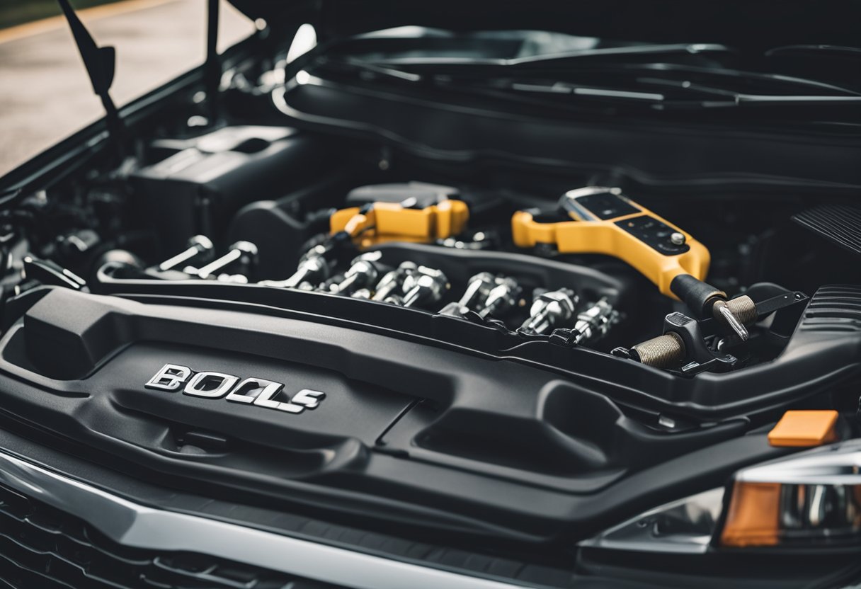 A hand holding a wrench tightens a bolt on a car engine, with a toolbox and manual nearby