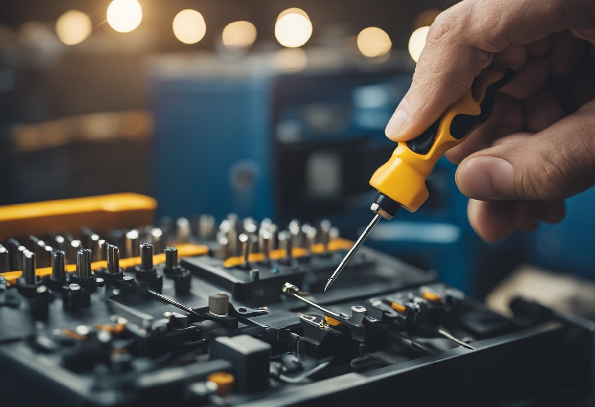 A hand holding a screwdriver tightens a loose wire on a basic electrical system, with a toolbox nearby