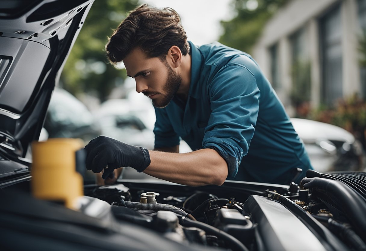 A person performing minor repairs on a car's cooling system without a mechanic