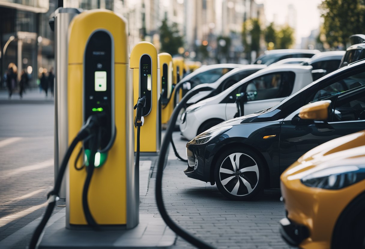 A city street lined with electric cars, with charging stations and renewable energy sources in the background