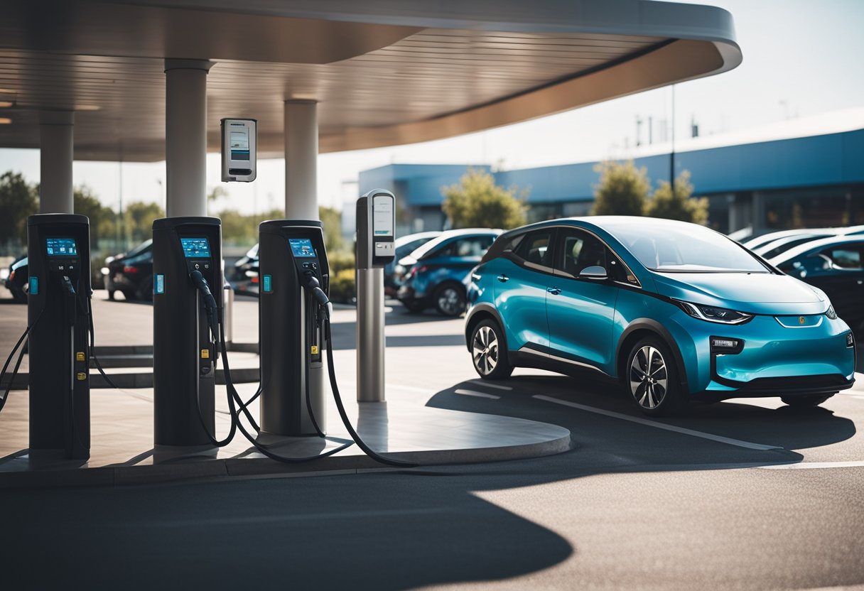 A parked electric car surrounded by charging stations and a gas station in the background