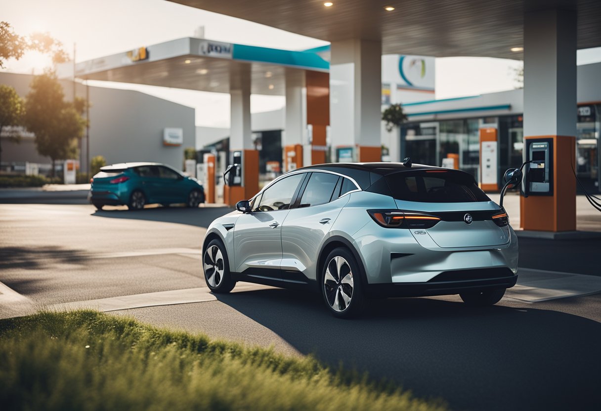 An electric car driving past a gas station, showcasing economic benefits and drawbacks