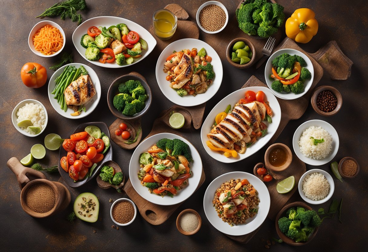 A table set with a variety of protein-rich main dishes, such as grilled chicken, salmon, and tofu stir-fry, surrounded by colorful vegetables and grains