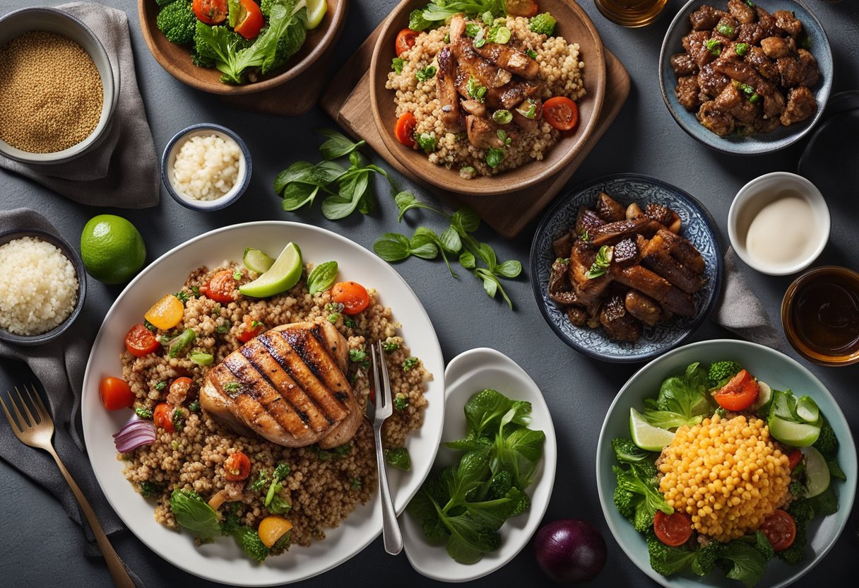 A table set with high-protein main dishes, including grilled chicken, quinoa salad, and lean beef stir-fry. Ingredients like chicken breast, quinoa, and lean beef are visible