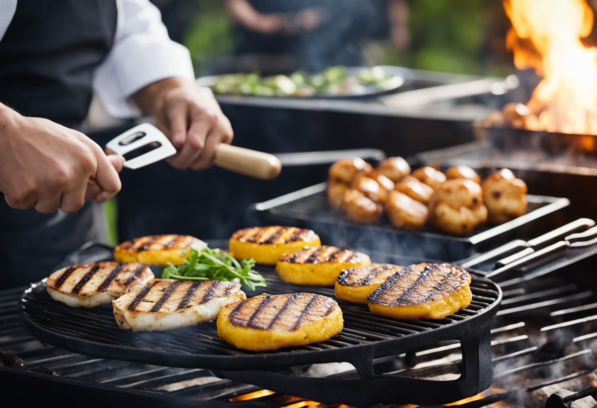 A chef grilling a variety of high-protein main dishes on a sizzling hot grill, while simultaneously preparing them using different cooking techniques