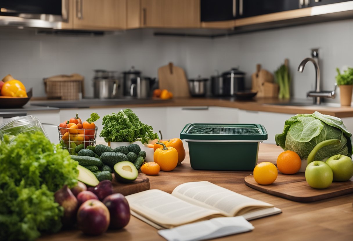 A kitchen counter with various fruits and vegetables, a compost bin, and a recycling bin. A cookbook open to a page titled "Tips to Avoid Food Waste."