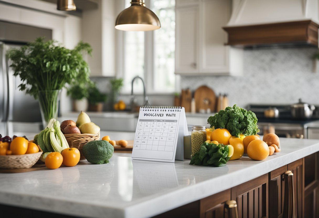 A kitchen counter with organized groceries, a meal plan calendar, and a list of tips for reducing food waste