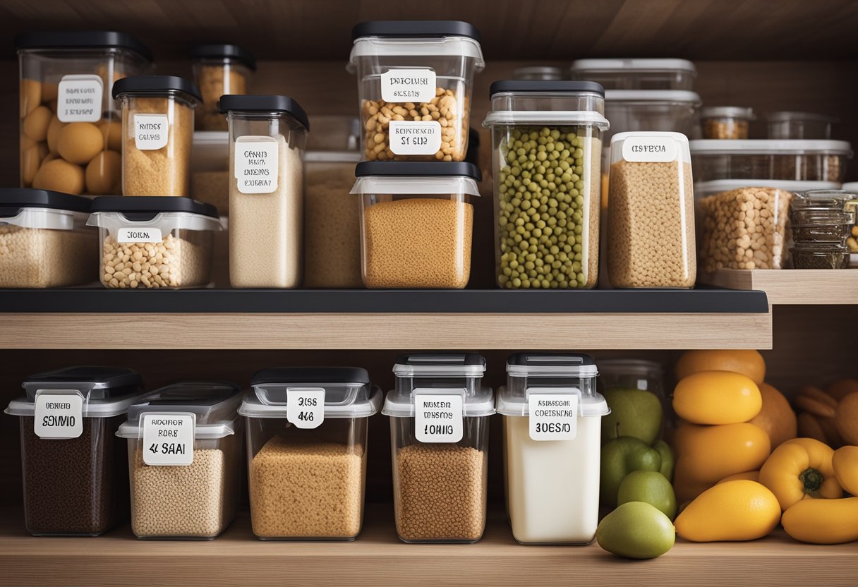 Various food items stored in proper containers in a clean and organized kitchen, with labels indicating expiration dates