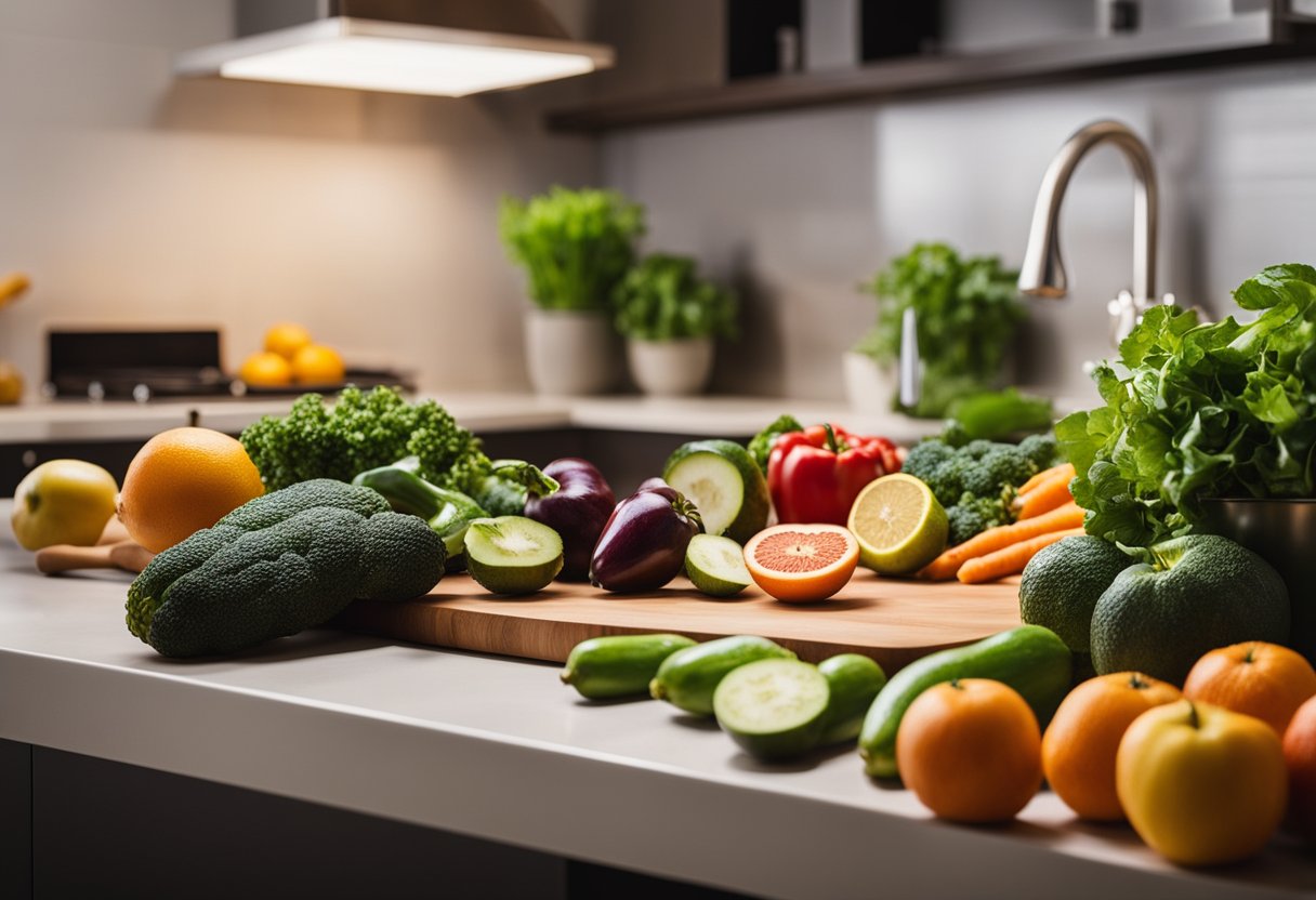 A kitchen counter with assorted fruits and vegetables, a cutting board, and a knife. A compost bin and recycling bin nearby