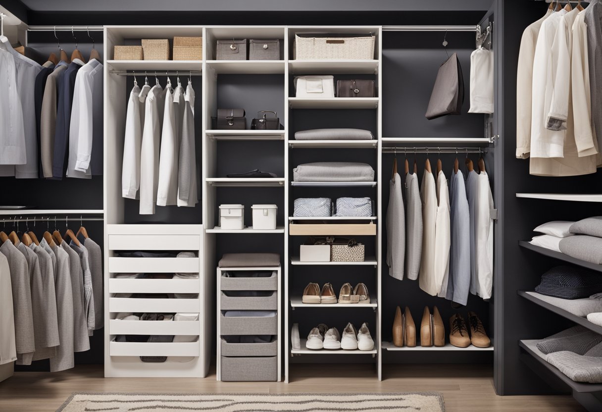 A small closet with shelves and drawers neatly organized with clothes and accessories. Utilizing space-saving techniques such as hanging organizers and stackable bins