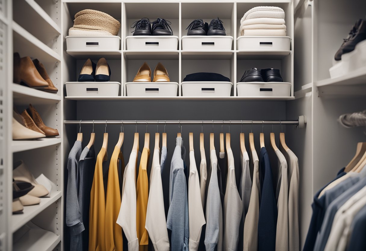 A small closet with neatly arranged shelves and labeled storage bins. Clothes are hung on color-coordinated hangers, and shoes are neatly lined up on the floor