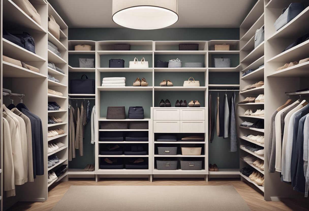 A neatly organized closet with shelves, hanging rods, and storage bins. Clothes are folded and arranged by type and color. Shoes are neatly lined up on the floor