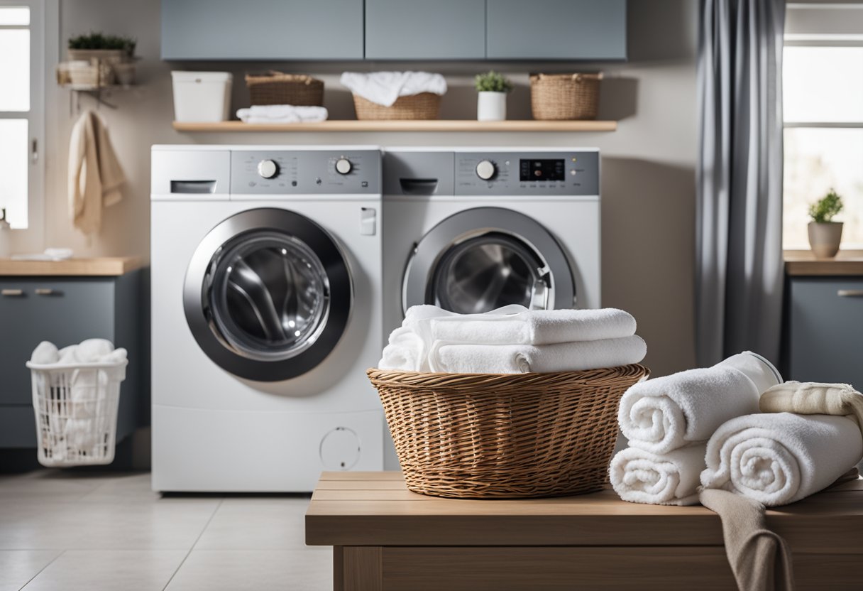 A washing and drying machine sits in a clean, well-lit laundry room. It is surrounded by neatly folded towels and a basket of freshly washed clothes