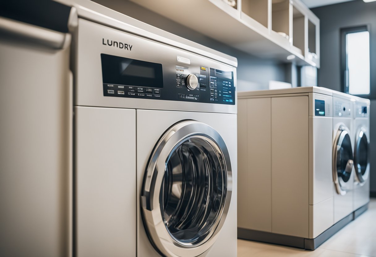A washing machine and dryer sit side by side in a clean and organized laundry room. The machines appear well-maintained and in good working condition