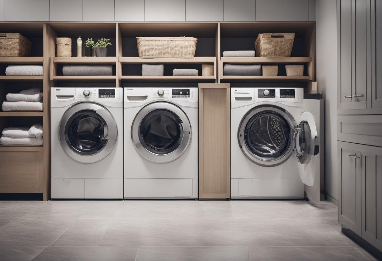 A washing machine and dryer are placed side by side in a clean and organized laundry room. The machines are well-maintained and free of any visible damage or debris