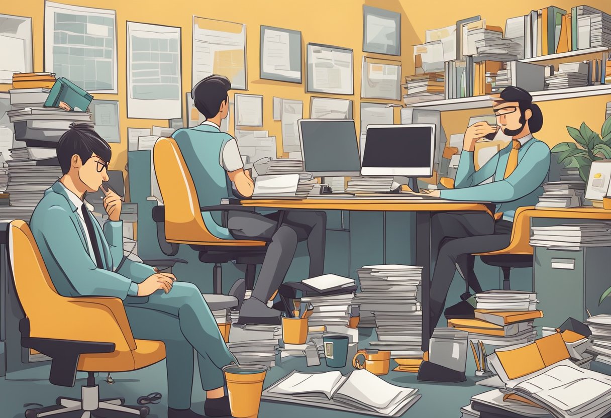 A cluttered office with a mix of hardworking and lazy employees. The lazy ones are slacking off while the diligent ones are focused and productive