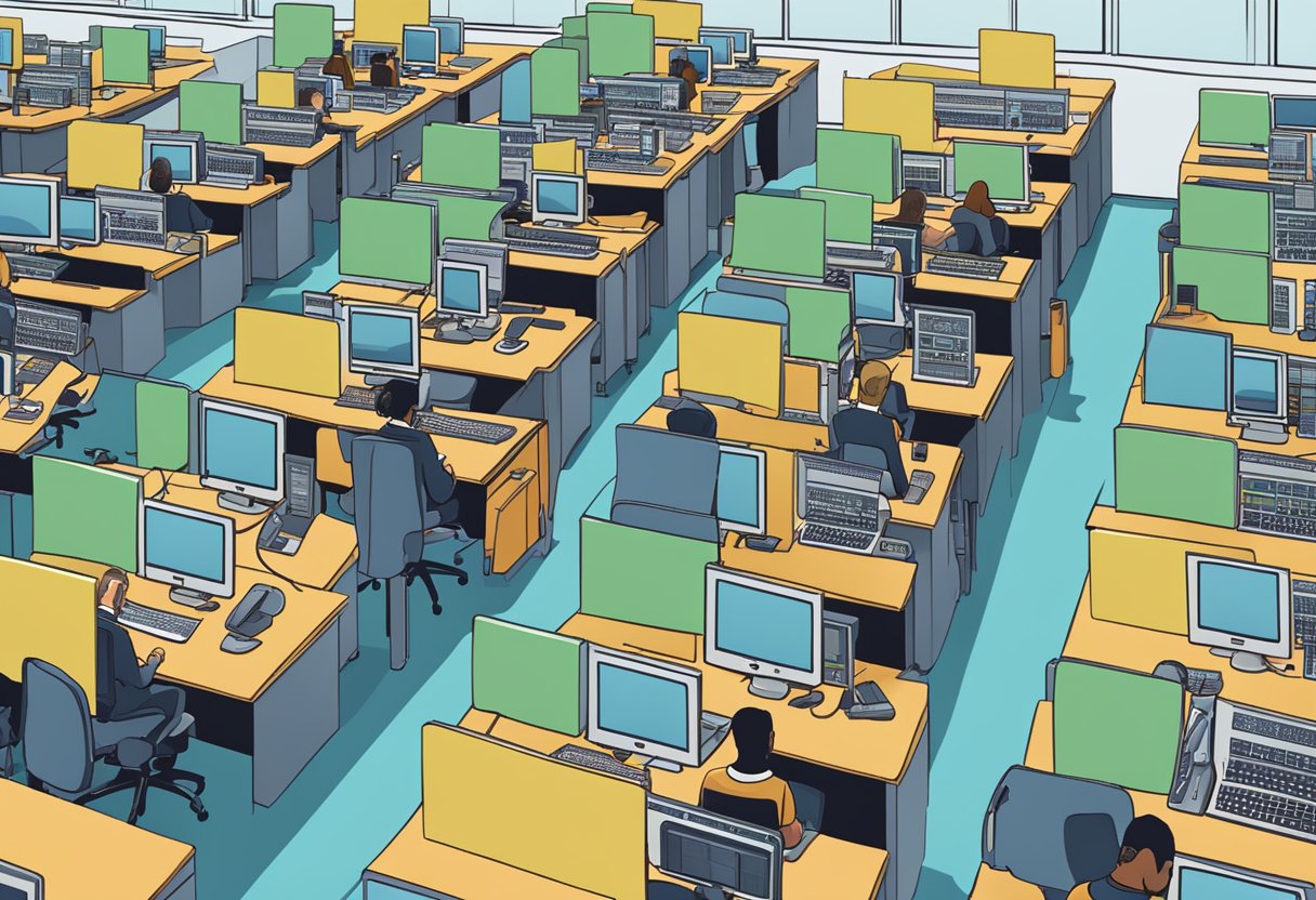 A bustling AI call center with rows of computer monitors and headsets, employees typing and speaking into microphones