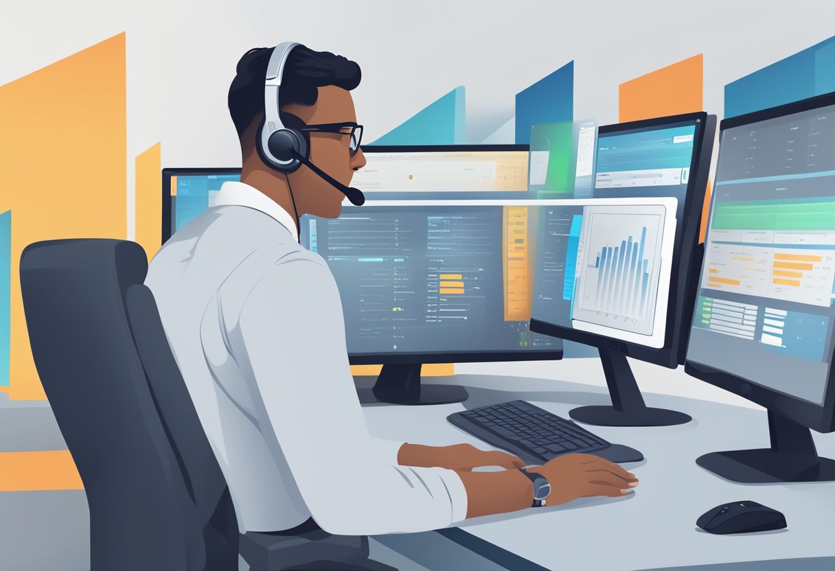 A call center agent uses AI software to assist customers, with a computer screen displaying data and a headset for communication