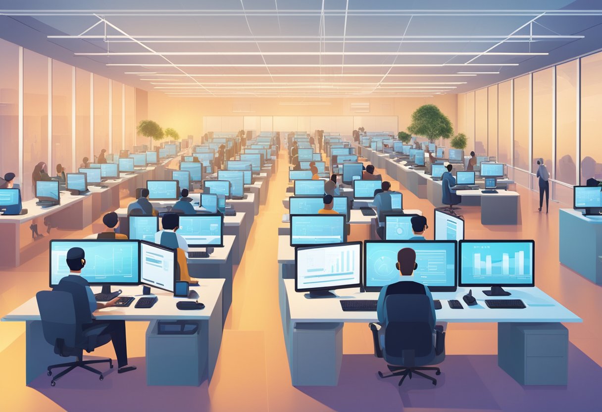 A brightly lit call center with rows of computer stations, headsets, and AI software in use. Agents are efficiently handling customer inquiries with the help of AI technology