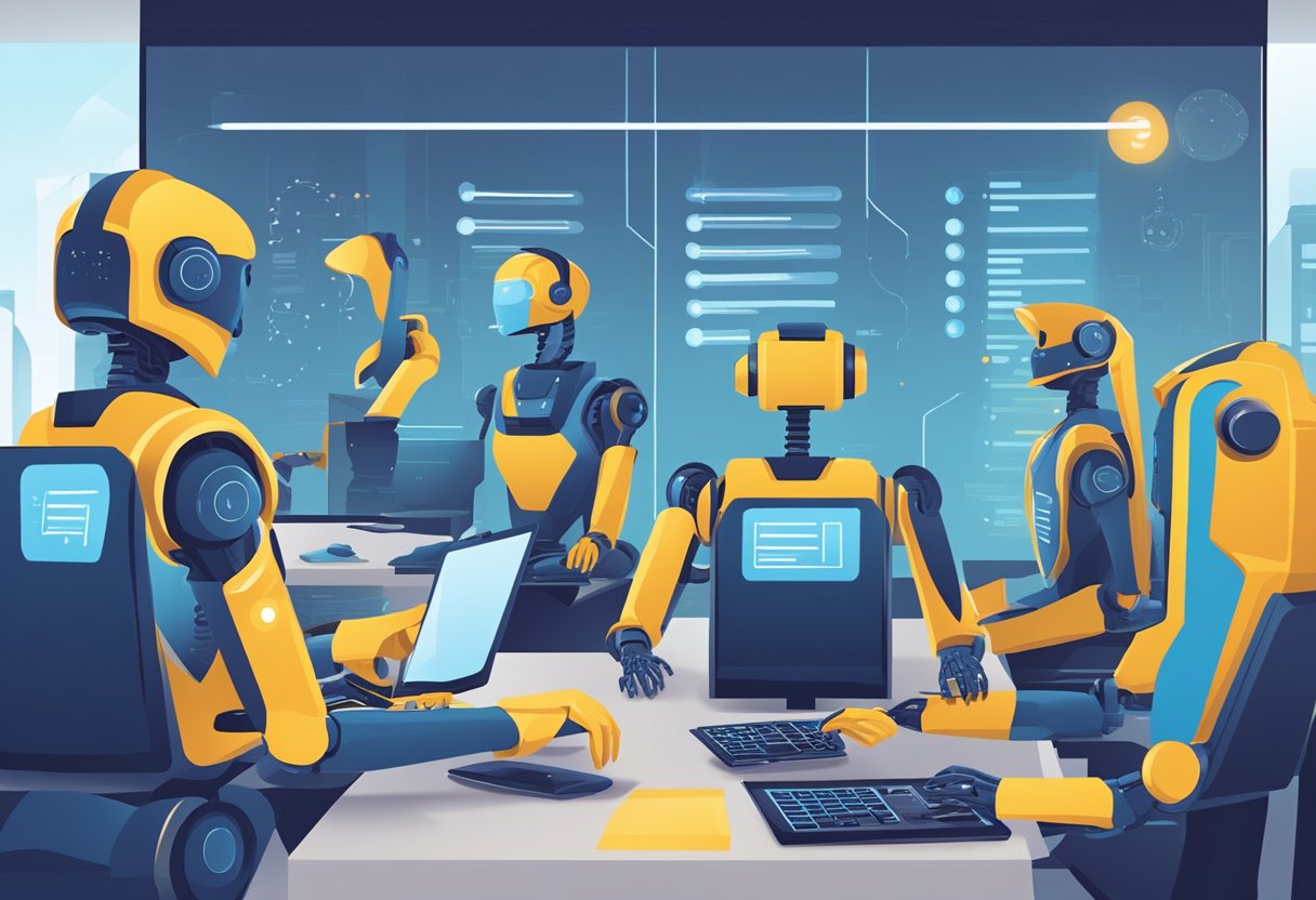 AI call center: Robots manage high call volume. Solutions include advanced algorithms and natural language processing