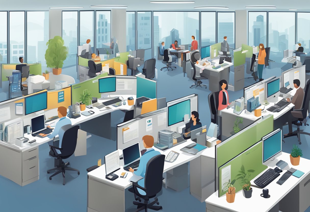 A bustling office scene with AI phone agents assisting professionals in healthcare, finance, and real estate industries. Multiple phone lines are active, and agents are engaged in conversation with clients