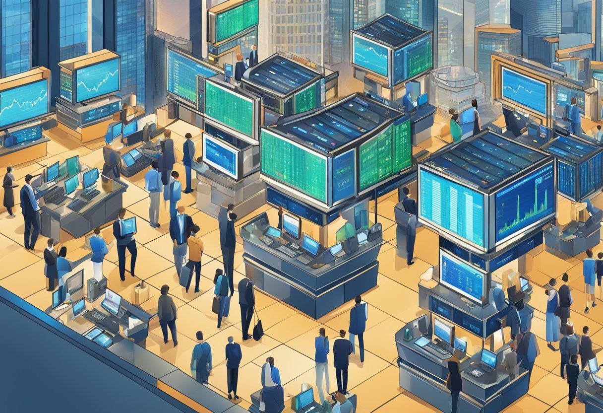 A bustling stock exchange with traders and digital screens displaying market data, surrounded by skyscrapers and a backdrop of a city skyline