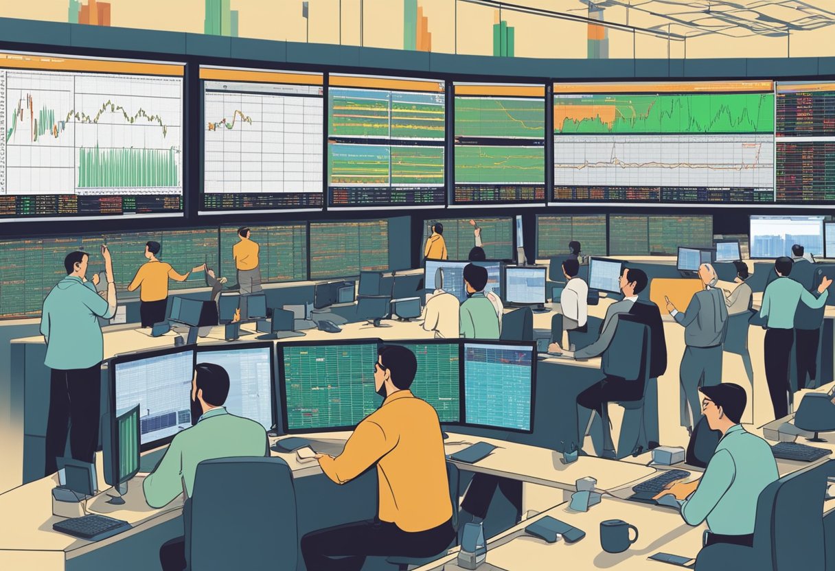 A bustling stock exchange floor with traders gesturing and shouting, electronic tickers displaying MARA stock performance, and a large screen showing a lively discussion about MARA stock