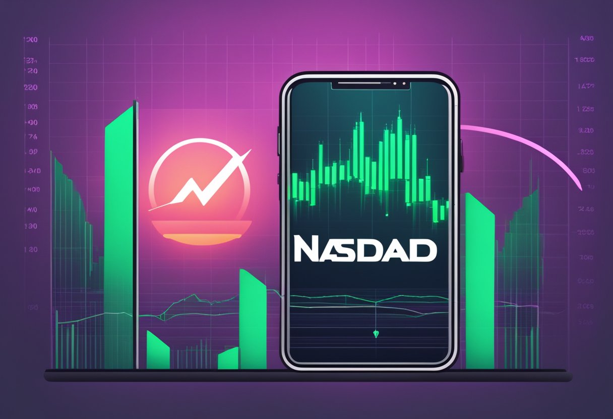 The Nasdaq logo displayed on a digital screen with "MARA" stock ticker, alongside a Robinhood trading app icon