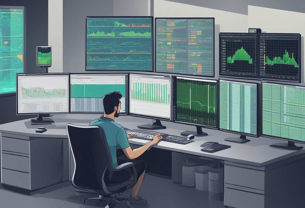 A person researching forex trading options, surrounded by computer screens and charts, with a server room in the background