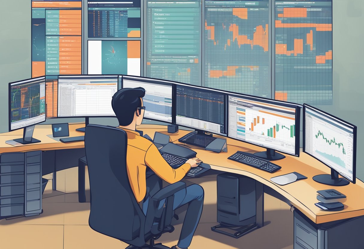 A person comparing different Forex VPS providers, surrounded by computer screens and charts, looking for the best trading server