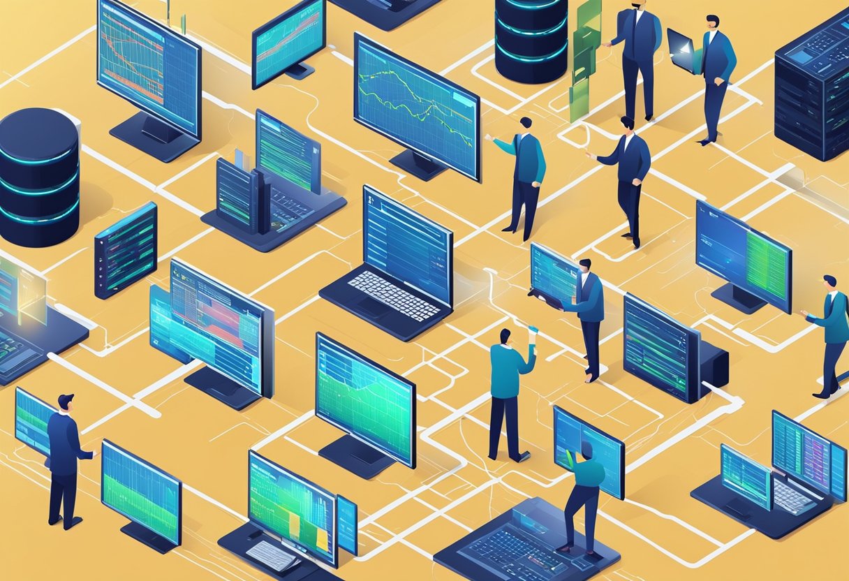 Multiple forex trading servers connected to a network, processing data and executing trades with speed and precision, improving trading performance