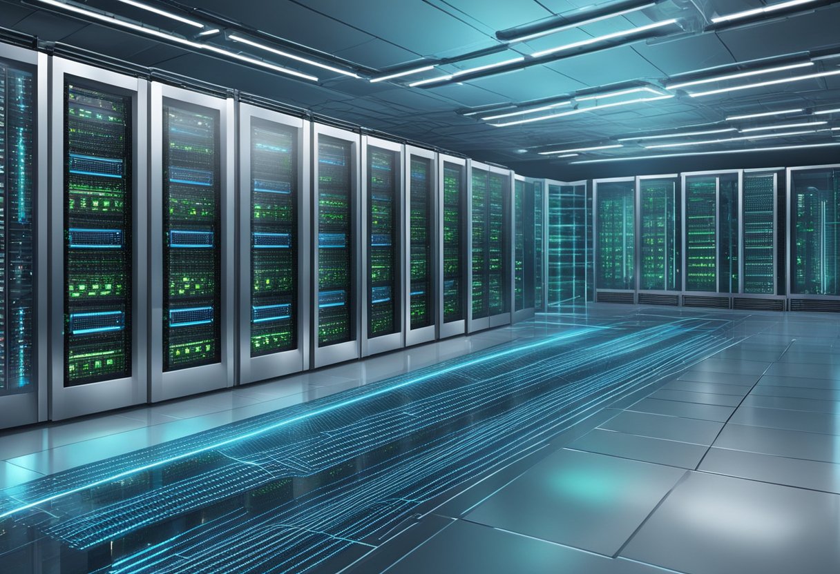 A server room with rows of high-performance servers and advanced networking technologies, all dedicated to enhancing the performance of forex trading activities