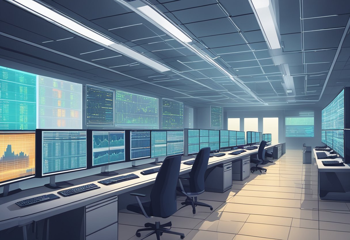 A sleek, modern server room with rows of powerful computers and flashing lights. Multiple monitors display real-time forex data and charts. A team of technicians work diligently to ensure smooth operation