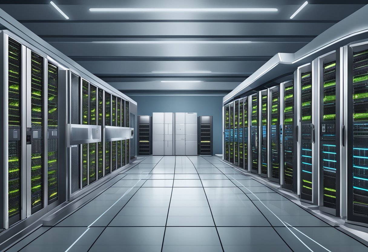 A sleek, modern server room with multiple high-speed processors and cooling systems. The servers are neatly organized and labeled, with advanced security features in place