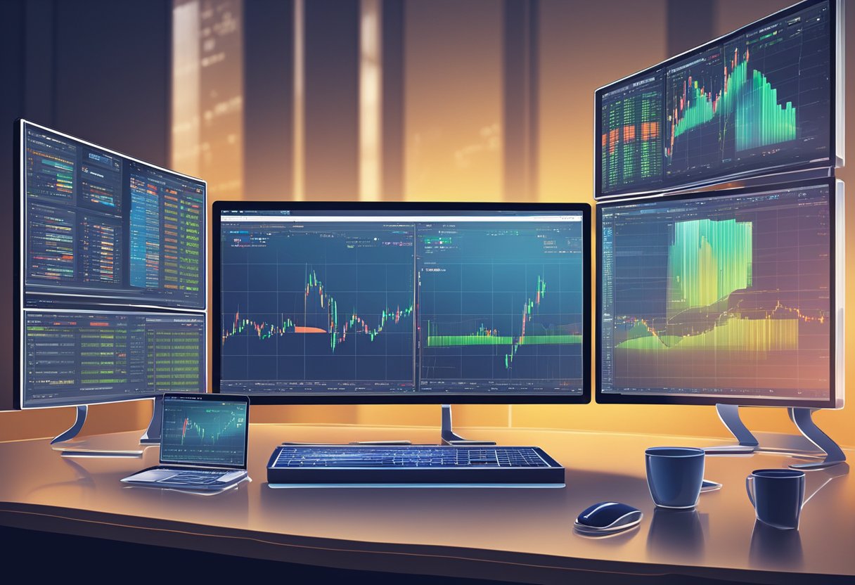 Multiple computer screens displaying real-time forex data. A dedicated server humming in the background, processing trades quickly and efficiently. An atmosphere of focus and precision