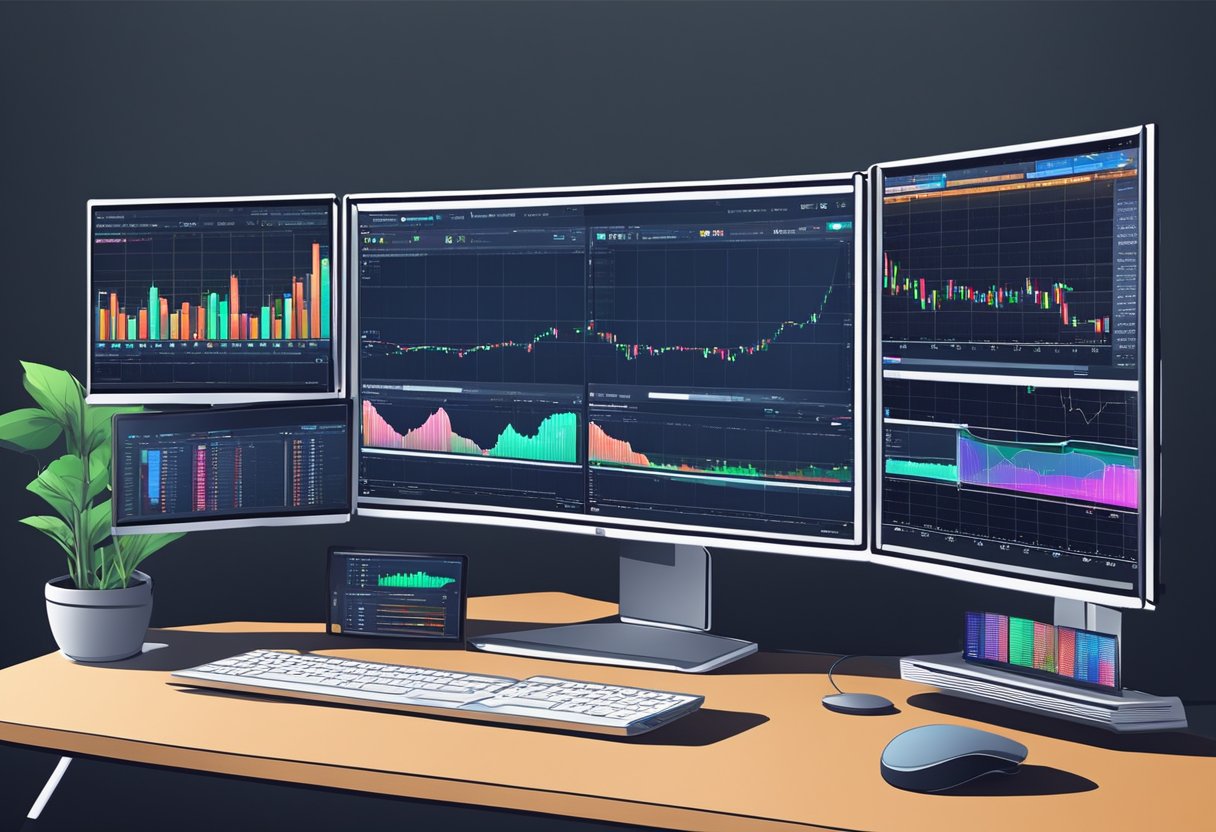 A computer screen with multiple forex trading charts open, connected to a dedicated server. A stable internet connection and fast execution speed are evident