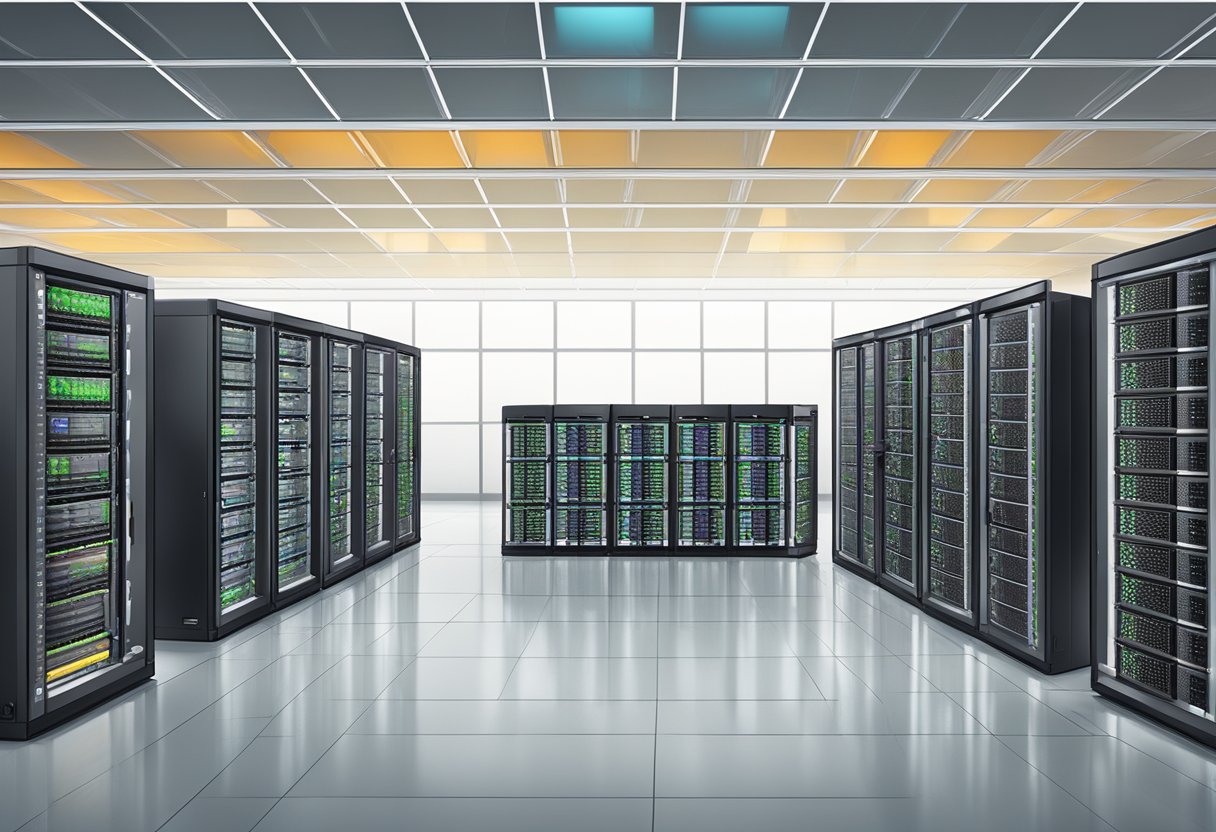 A sleek and modern trading server setup, with rows of VPS and dedicated hosting units neatly arranged in a secure and climate-controlled environment