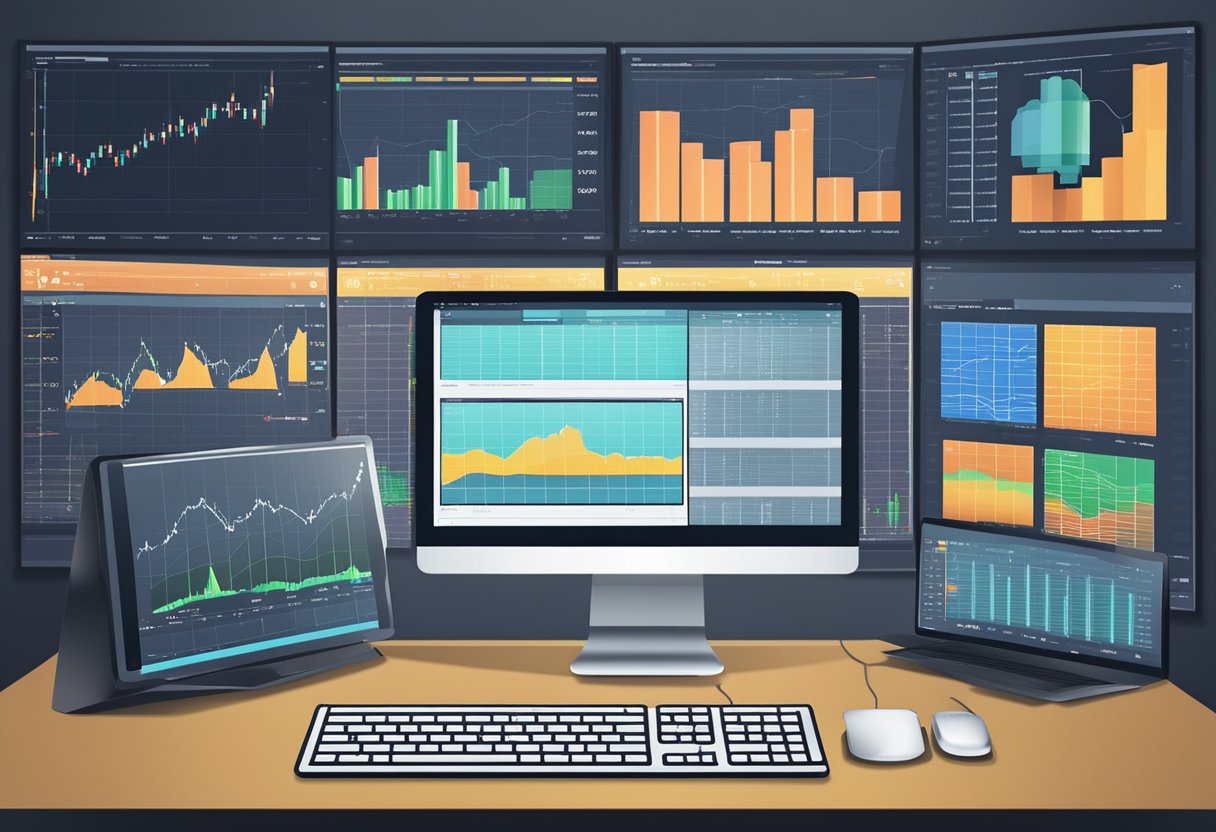 A computer screen displaying a virtual private server (VPS) set up for forex trading, with multiple charts and graphs open, and a stable internet connection