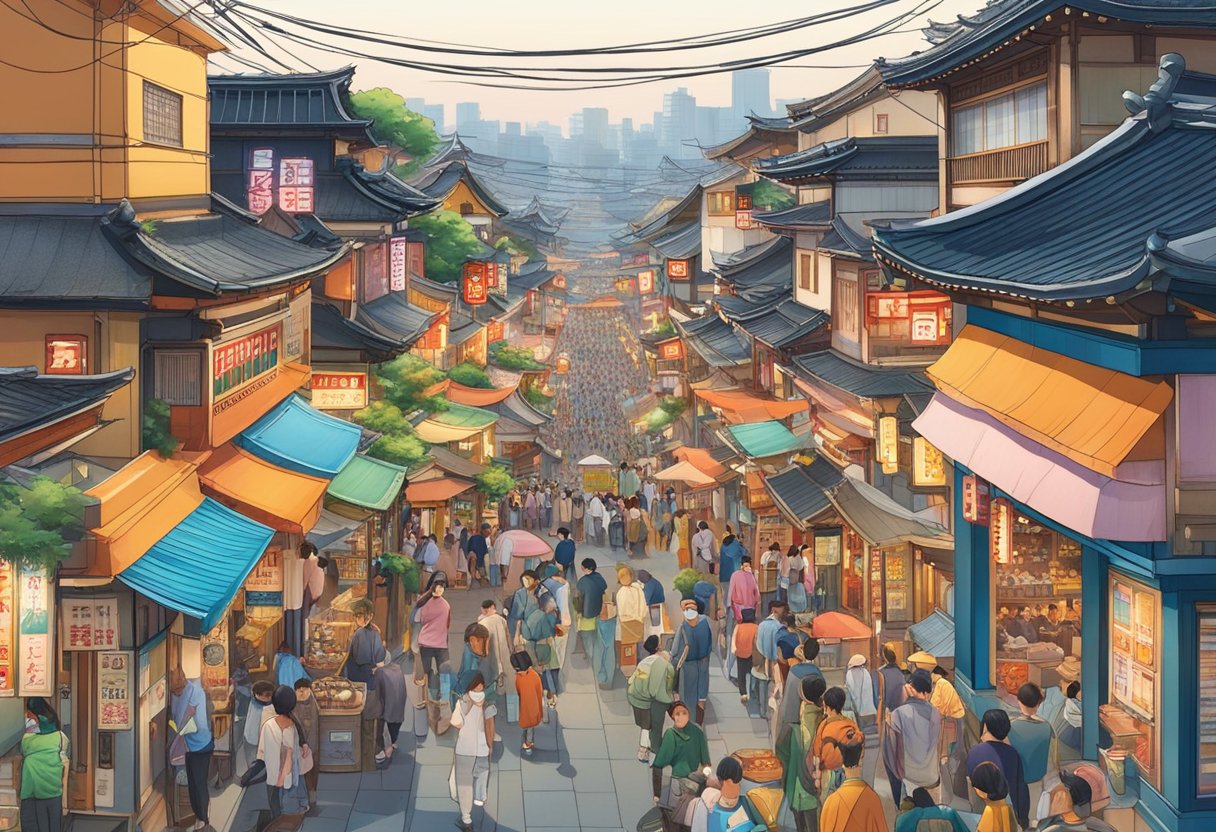 Colorful street festivals, traditional temples, and bustling markets create a vibrant scene in the suburbs of Tokyo