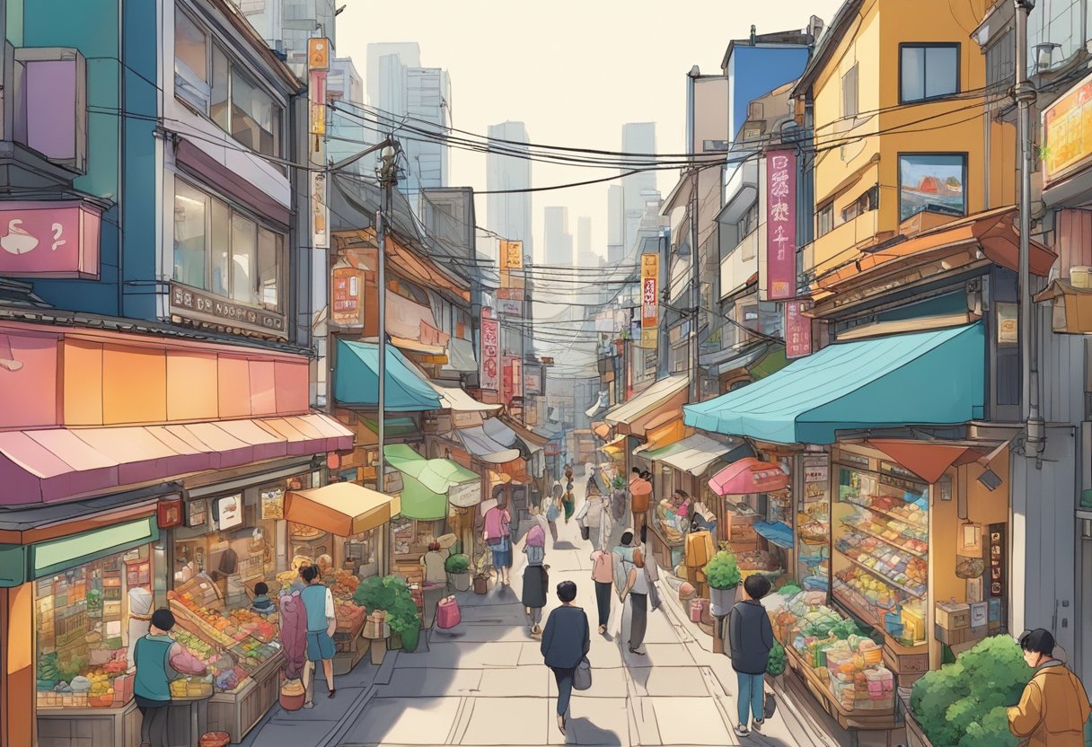 A bustling street lined with colorful shops and vibrant signage, surrounded by the sights and sounds of a lively suburban Tokyo neighborhood