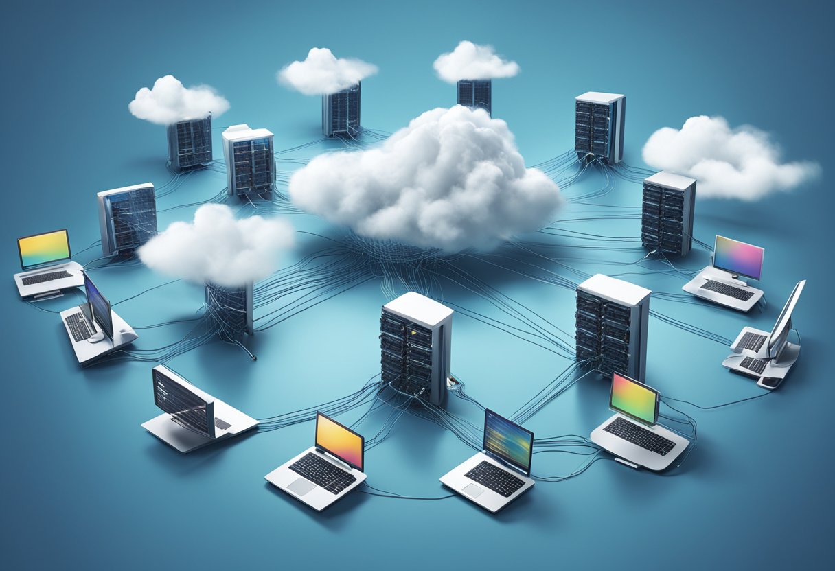 A group of interconnected servers floating in the sky, with data being transferred seamlessly between them. The clouds are depicted as a digital network, illustrating the concept of cloud hosting