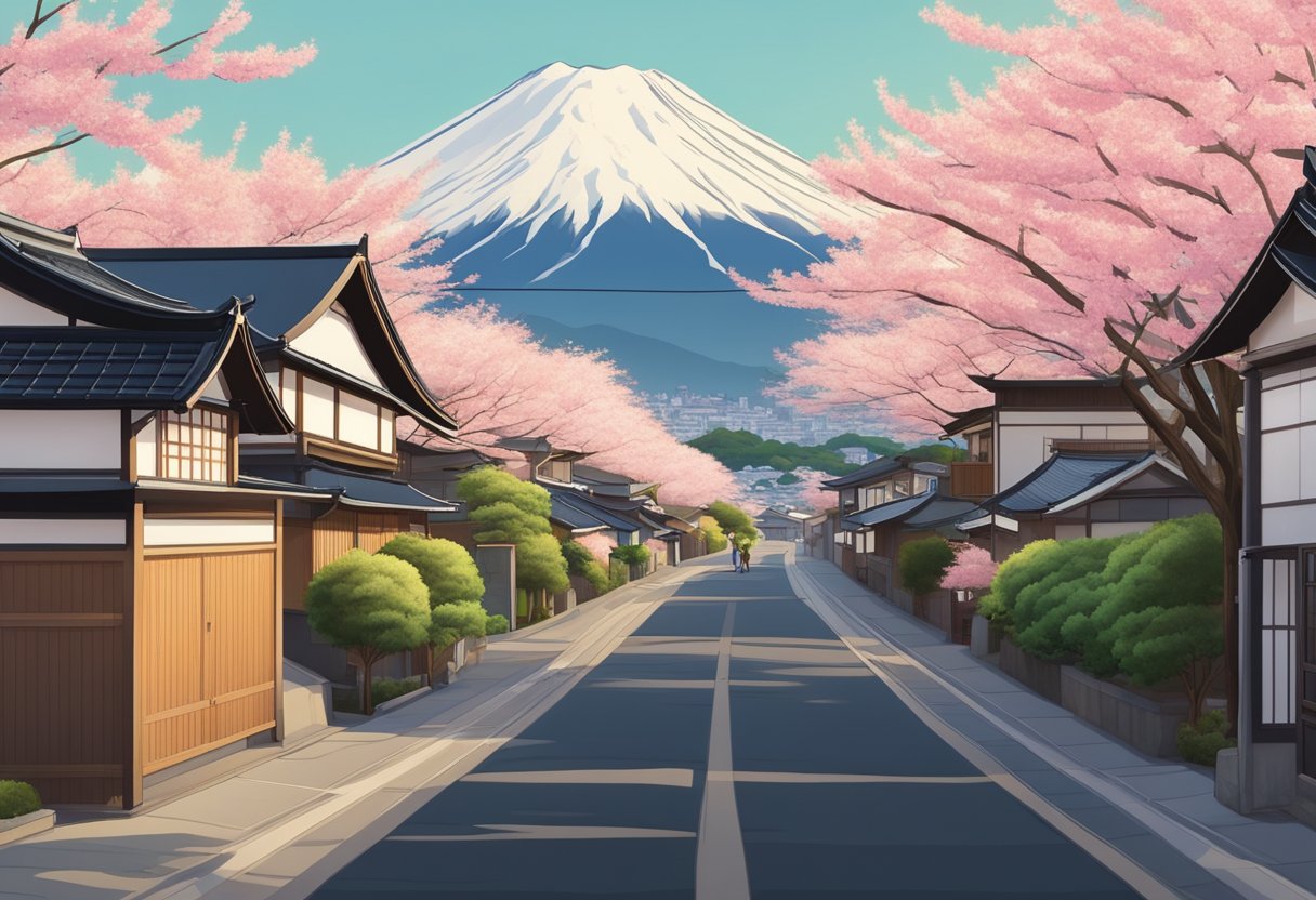 A serene suburban street lined with traditional Japanese houses, blooming cherry blossoms, and a distant view of Mount Fuji