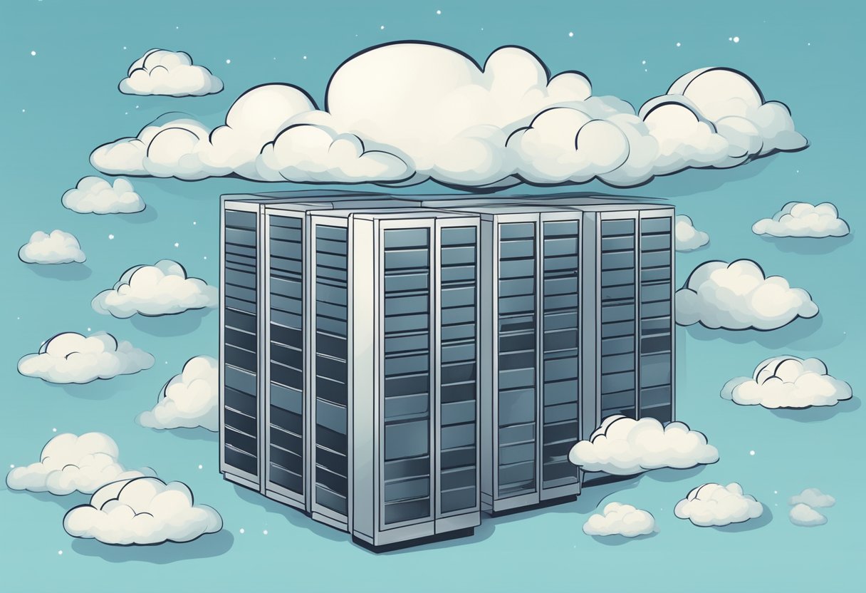 A server floating in the sky with clouds surrounding it, representing the concept of cloud hosting