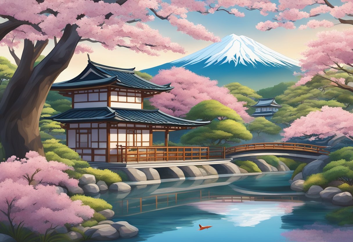 A traditional Japanese ryokan nestled among cherry blossom trees with a view of Mount Fuji in the distance. The surrounding gardens are filled with meticulously manicured bonsai trees and a tranquil koi pond