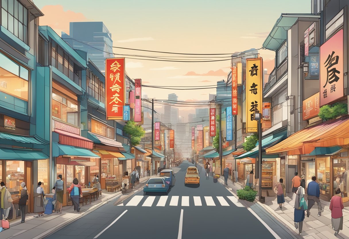 A bustling suburban street lined with traditional Japanese eateries and colorful signage, with a backdrop of modern buildings and bustling activity