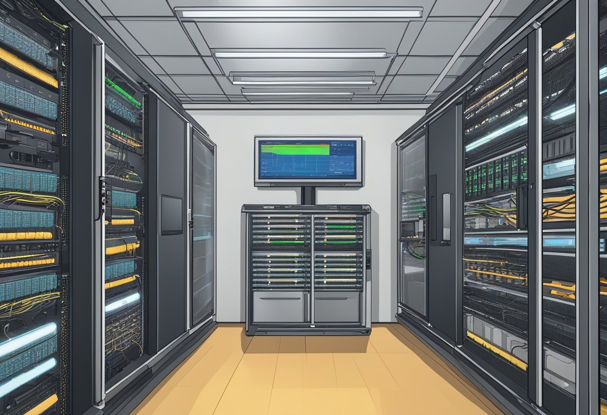 A server room with racks of hardware, cables, and a central control console. A diagram of cloud architecture displayed on a screen